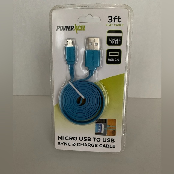 PowerXcel 3ft Micro USB to USB Flat Sync Charge Cable Blue Tangle Free - Picture 5 of 7